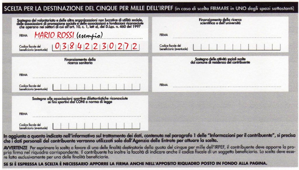 Fac simile scheda per la donazione del 5 per mille nella dichiarazione dei redditi